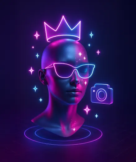 Neon bust with a camera for AR filter effects.